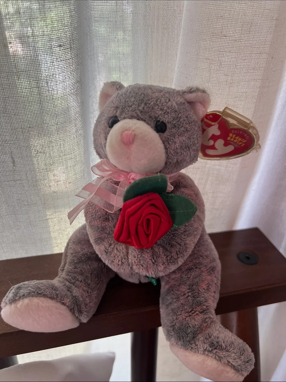 Ty Beanie Babies Grandmother Gray Teddy Bear Plush w/ Rose & Tag Protector 2004